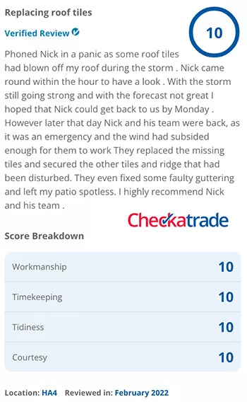 roofing contractor detailed review with link to roofer's checkatrade profile.